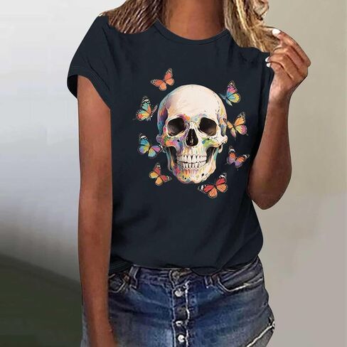 Summer Y2k Tops for Women Vintage Skull Shirts Casual Graphic Short Sleeve Tee Crew Neck Cotton Tshirts Tunics Blouses in Saudi Arabia