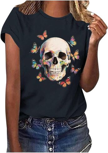 Summer Y2k Tops for Women Vintage Skull Shirts Casual Graphic Short Sleeve Tee Crew Neck Cotton Tshirts Tunics Blouses in Saudi Arabia