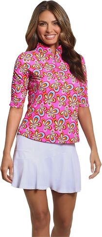 IBKUL Athleisure Wear Sun Protective UPF 50+ Icefil Cooling Arya Print Ruched Elbow Sleeve Mandarin Collar Top - 41109 in Saudi Arabia