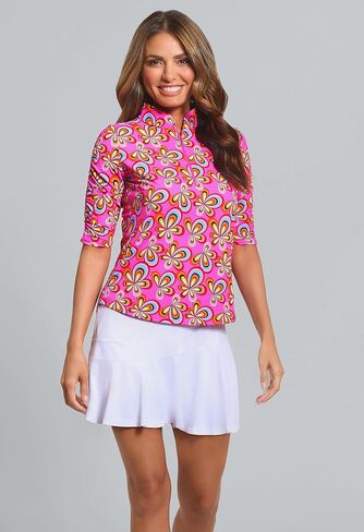 IBKUL Athleisure Wear Sun Protective UPF 50+ Icefil Cooling Arya Print Ruched Elbow Sleeve Mandarin Collar Top - 41109 in Saudi Arabia