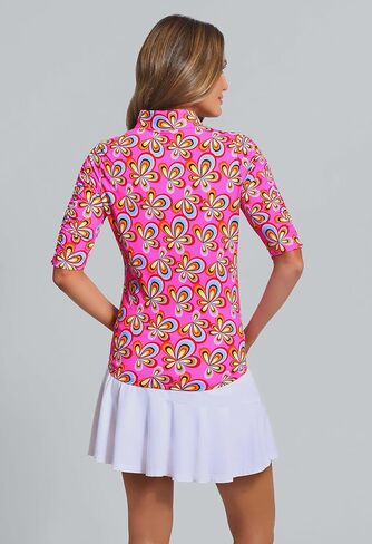 IBKUL Athleisure Wear Sun Protective UPF 50+ Icefil Cooling Arya Print Ruched Elbow Sleeve Mandarin Collar Top - 41109 in Saudi Arabia
