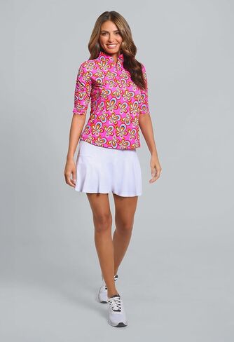 IBKUL Athleisure Wear Sun Protective UPF 50+ Icefil Cooling Arya Print Ruched Elbow Sleeve Mandarin Collar Top - 41109 in Saudi Arabia