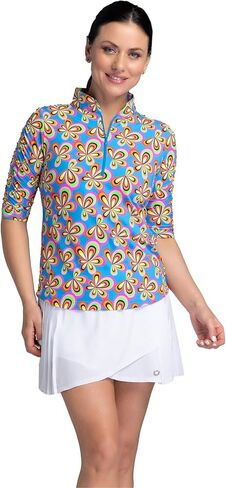 IBKUL Athleisure Wear Sun Protective UPF 50+ Icefil Cooling Arya Print Ruched Elbow Sleeve Mandarin Collar Top - 41109 in Saudi Arabia