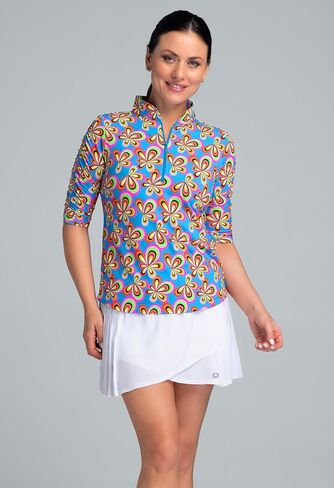 IBKUL Athleisure Wear Sun Protective UPF 50+ Icefil Cooling Arya Print Ruched Elbow Sleeve Mandarin Collar Top - 41109 in Saudi Arabia