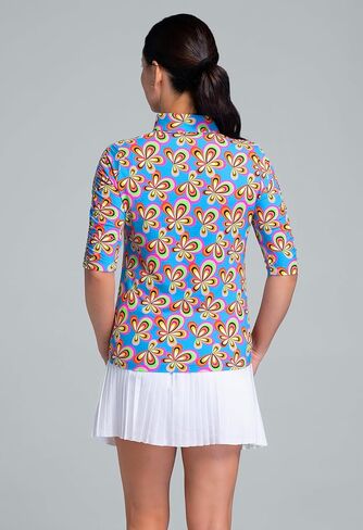 IBKUL Athleisure Wear Sun Protective UPF 50+ Icefil Cooling Arya Print Ruched Elbow Sleeve Mandarin Collar Top - 41109 in Saudi Arabia