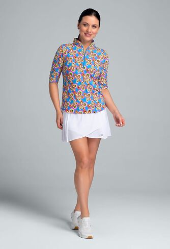 IBKUL Athleisure Wear Sun Protective UPF 50+ Icefil Cooling Arya Print Ruched Elbow Sleeve Mandarin Collar Top - 41109 in Saudi Arabia