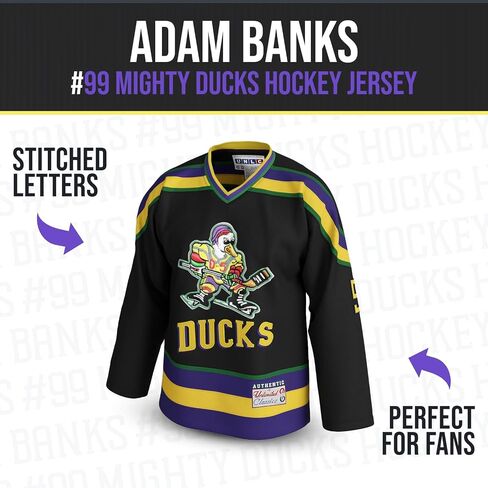 Adam Banks #99 Mighty Ducks Jersey – 90s Movie Ice Hockey Shirt, Stitched Letters, Throwback Costume for Men & Women, S–5XL in Saudi Arabia