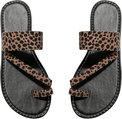 OYOANGLE Women's Leopard Print Toe Ring Sandals Strappy Open Toe Slip On Flat Casual Outdoor Sandals in Kuwait
