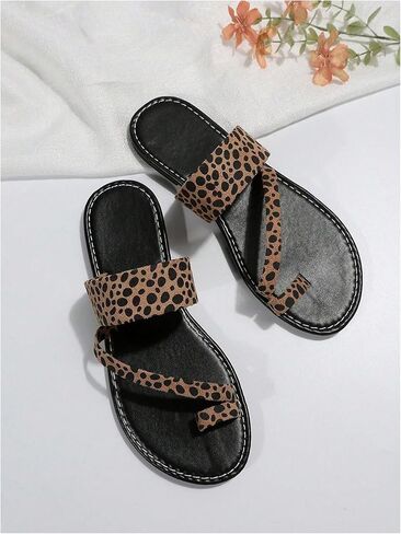 OYOANGLE Women's Leopard Print Toe Ring Sandals Strappy Open Toe Slip On Flat Casual Outdoor Sandals in Kuwait