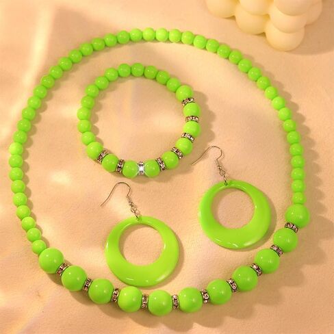 3Pcs Colorful Acrylic Round Beaded Necklace Bracelet Earrings Set Vintage Lightweight Resin Neon Beads Choker Necklace Geometric Statement Necklace for Women 70S 80S Costume Party Jewelry in Saudi Arabia