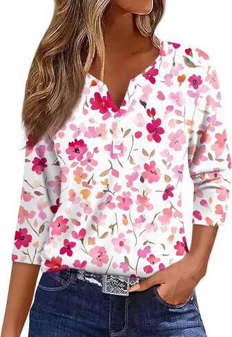 Womens Trendy 3/4 Sleeve Loose Tee Comfy Button Down Slim Daily Shirt V Neck Dressy Floral Print Tshirt in Kuwait