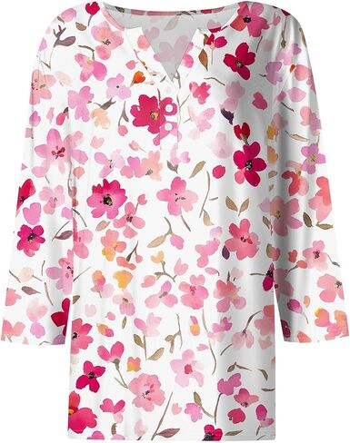 Womens Trendy 3/4 Sleeve Loose Tee Comfy Button Down Slim Daily Shirt V Neck Dressy Floral Print Tshirt in Kuwait