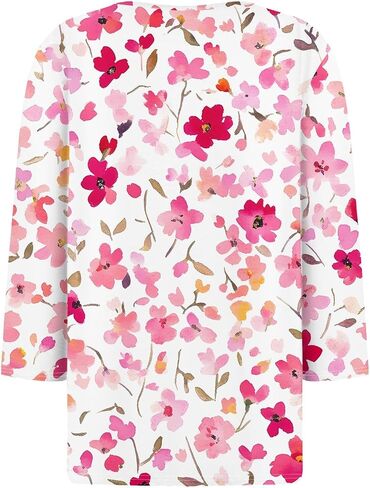 Womens Trendy 3/4 Sleeve Loose Tee Comfy Button Down Slim Daily Shirt V Neck Dressy Floral Print Tshirt in Kuwait