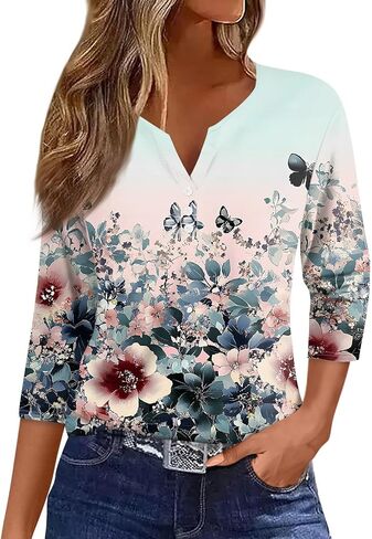 Womens Trendy 3/4 Sleeve Loose Tee Comfy Button Down Slim Daily Shirt V Neck Dressy Floral Print Tshirt in Kuwait