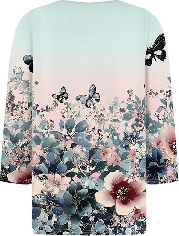 Womens Trendy 3/4 Sleeve Loose Tee Comfy Button Down Slim Daily Shirt V Neck Dressy Floral Print Tshirt in Kuwait