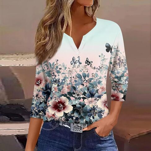Womens Trendy 3/4 Sleeve Loose Tee Comfy Button Down Slim Daily Shirt V Neck Dressy Floral Print Tshirt in Kuwait