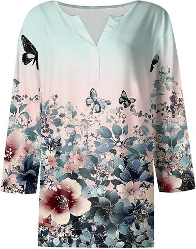 Womens Trendy 3/4 Sleeve Loose Tee Comfy Button Down Slim Daily Shirt V Neck Dressy Floral Print Tshirt in Kuwait