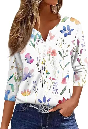 Womens Trendy 3/4 Sleeve Loose Tee Comfy Button Down Slim Daily Shirt V Neck Dressy Floral Print Tshirt in Kuwait