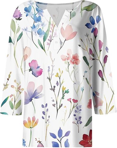 Womens Trendy 3/4 Sleeve Loose Tee Comfy Button Down Slim Daily Shirt V Neck Dressy Floral Print Tshirt in Kuwait
