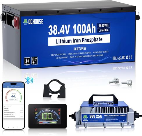 DC House 36V 100ah Pro Metal Case Battery Lithium Golf Cart ، بطارية LifePo4 مع شاحن 36V 25A ، تطبيق Bluetooth Mobile & LCD ، 200A BMS ، ذروة Current 670A in Saudi Arabia