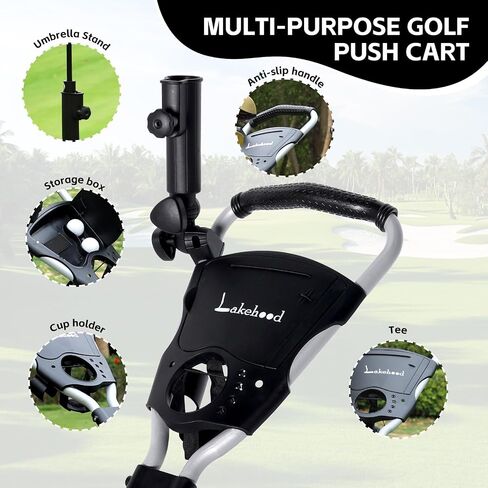 Lakehood Golf Push Cart - 3 Wheel Golf Cart for Easy Transport & Storage, Height-Adjustable Handle for All Ages, Push Golf cart - Perfect for Golf Courses & Practice Sessions in Kuwait