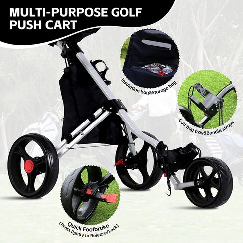 Lakehood Golf Push Cart - 3 Wheel Golf Cart for Easy Transport & Storage, Height-Adjustable Handle for All Ages, Push Golf cart - Perfect for Golf Courses & Practice Sessions in Kuwait