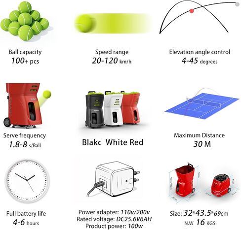 PT-SAMRT-Professional Tennis Ball Machine with App Control - 100+ Ball Capacity - 12 Training Modes - 4-6 Hours Battery Life in Saudi Arabia