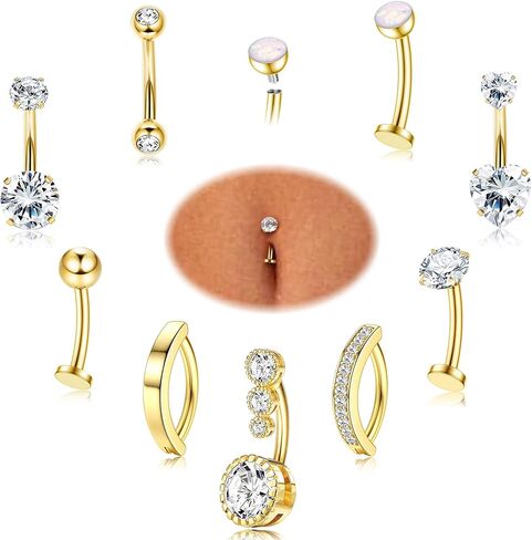 FIASASO 9 Pcs Floating Belly Button Ring Gold - Surgical Stainless Steel CZ Opal Heart Clicker Belly Piercings for Women Navel Pack Silver/Gold in Kuwait