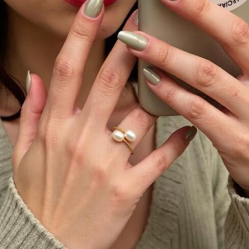 Pearl Open Ring, Gold Pearl Wrap Ring Silver Adajustable Freshwater pearl Stacking Statement Ring for Women Valantine's Day Christmas Holiday in Saudi Arabia