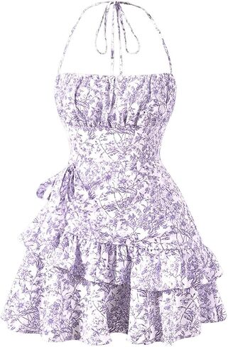 WDIRARA Women's Floral Sleeveless Halter Dress Backless Layered Ruffle Short Dress in Saudi Arabia