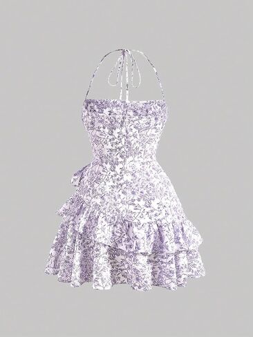 WDIRARA Women's Floral Sleeveless Halter Dress Backless Layered Ruffle Short Dress in Saudi Arabia