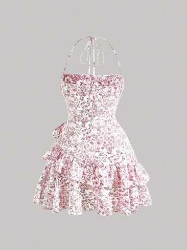 WDIRARA Women's Floral Sleeveless Halter Dress Backless Layered Ruffle Short Dress in Saudi Arabia