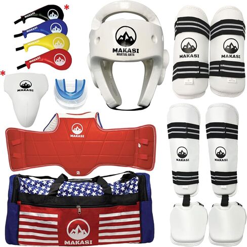 Martial Arts Taekwondo Sparring Gear Equipment Set Headgear Shin Instep Arm Chest Mouthguard Bag in Kuwait