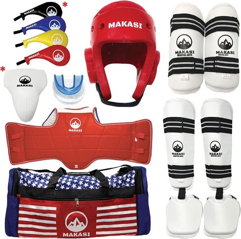 Martial Arts Taekwondo Sparring Gear Equipment Set Headgear Shin Instep Arm Chest Mouthguard Bag in Saudi Arabia