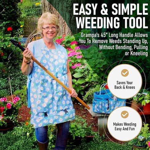 GRAMPA'S WEEDER - أداة مستحضر الأعشاب الأصلية مع مقبض طويل - مصنوع من تصميم رأس من الخيزران الحقيقي و 4 مخلب - إزالة الأعشاب الضارة دون الانحناء أو السحب أو الركوع. in Saudi Arabia
