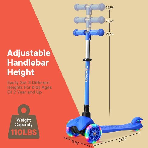 Blue Mini 3 Wheel Scooter for Kids – Lean-to-Steer with LED Light-Up Wheels, Adjustable Handlebar, Wide Anti-Slip Deck, Smooth PU Wheels, Rear Foot Brake – Toddler Scooter for Ages 2+ in Saudi Arabia