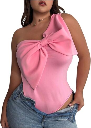 WDIRARA Women's Plus Size Bow Front One Shoulder Bodysuit Asymmetrical Sleeveless Top in Saudi Arabia