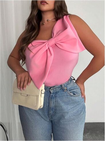 WDIRARA Women's Plus Size Bow Front One Shoulder Bodysuit Asymmetrical Sleeveless Top in Saudi Arabia