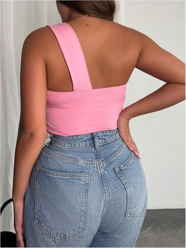 WDIRARA Women's Plus Size Bow Front One Shoulder Bodysuit Asymmetrical Sleeveless Top in Saudi Arabia