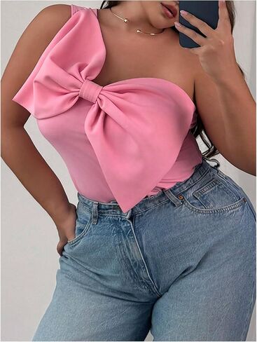 WDIRARA Women's Plus Size Bow Front One Shoulder Bodysuit Asymmetrical Sleeveless Top in Saudi Arabia