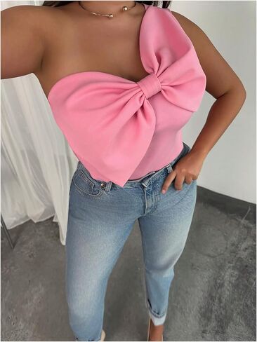 WDIRARA Women's Plus Size Bow Front One Shoulder Bodysuit Asymmetrical Sleeveless Top in Saudi Arabia