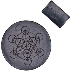 Modern ŌM Shungite Charging Plate with Metatron Cube | Stone Engraved Square Shungite Tile | Blocking Plates for Cell Phone, Tablets, Laptops | Authentic Shungite from Karelia | (4.7" x 4.7")