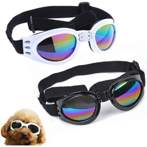 2 Pcs Dog Goggles, Adjustable Strap Dog Goggles Eye wear Protection for Travel Skiing, UV Protection Waterproof Sunglasses for Dog (Black, White)