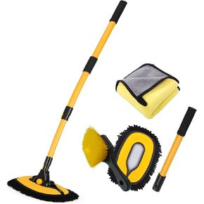 57'' Car Wash Brush with Long Handle Chenille Microfiber Car Wash Kit， Mitt Retractable Bent Pole Car Wash Brush for Cars RV Truck Boat (Yellow)