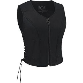Women's Fitted Side Laced Motorcycle Leather Vest with Zip Front Closure (Black, XS-3XLarge)