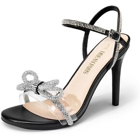DREAM PAIRS Women's Heels Round Toe Rhinestone Double Bowknots Sparkly Stilettos Heeled Sandals Shoes for Party Evening