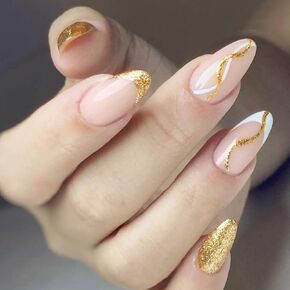 Almond Shaped Press on Nails Medium Long Length Acrylic Nails Daily Wear Simple False Nails with Designs Full Cover Blue Green French Tip Artificial Nails Glossy Stick on Nails for Women