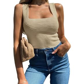 BZB Womens Ribbed Tank Tops 2024 Summer Sleeveless Square Neck Shirts Casual Slim Fitted Knit Shirts