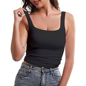 Tank Top for Women Double Lined Womens Tank Tops Y2K Going Out Crop Tops Slim Sleeveless Summer Square Neck Shirts