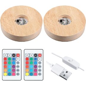 3.94 Inch Wooden Light Stand Base Colorful LED Lights Display Base with Remote Control for Selenite Tower 3D Laser Crystal Glass Resin Art (2 Pieces)